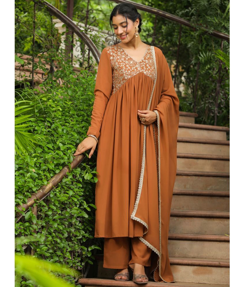     			Janasya Georgette Solid Kurti With Palazzo Women's Stitched Salwar Suit - Brown ( Pack of 1 )