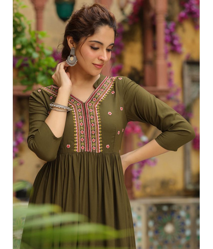     			Janasya Rayon Solid Kurti With Palazzo Women's Stitched Salwar Suit - Olive ( Pack of 1 )