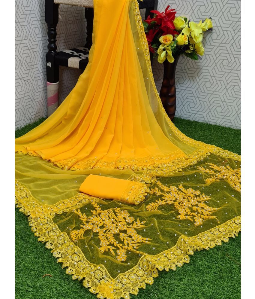     			KV Fashion Georgette Embroidered Saree With Blouse Piece ( Yellow , Pack of 1 )