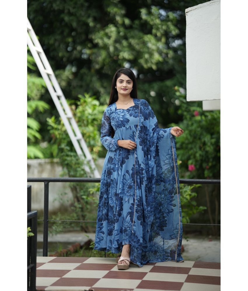     			KV Fashion Navy Blue Flared Georgette Women's Stitched Ethnic Gown ( Pack of 1 )