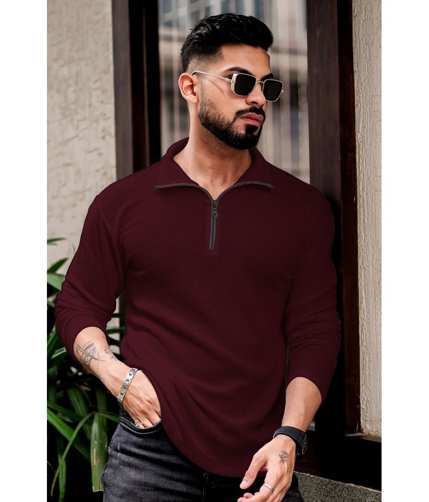     			Kushi flyer Cotton Blend Regular Fit Self Design Full Sleeves Men's High Neck T-Shirt - Wine ( Pack of 1 )