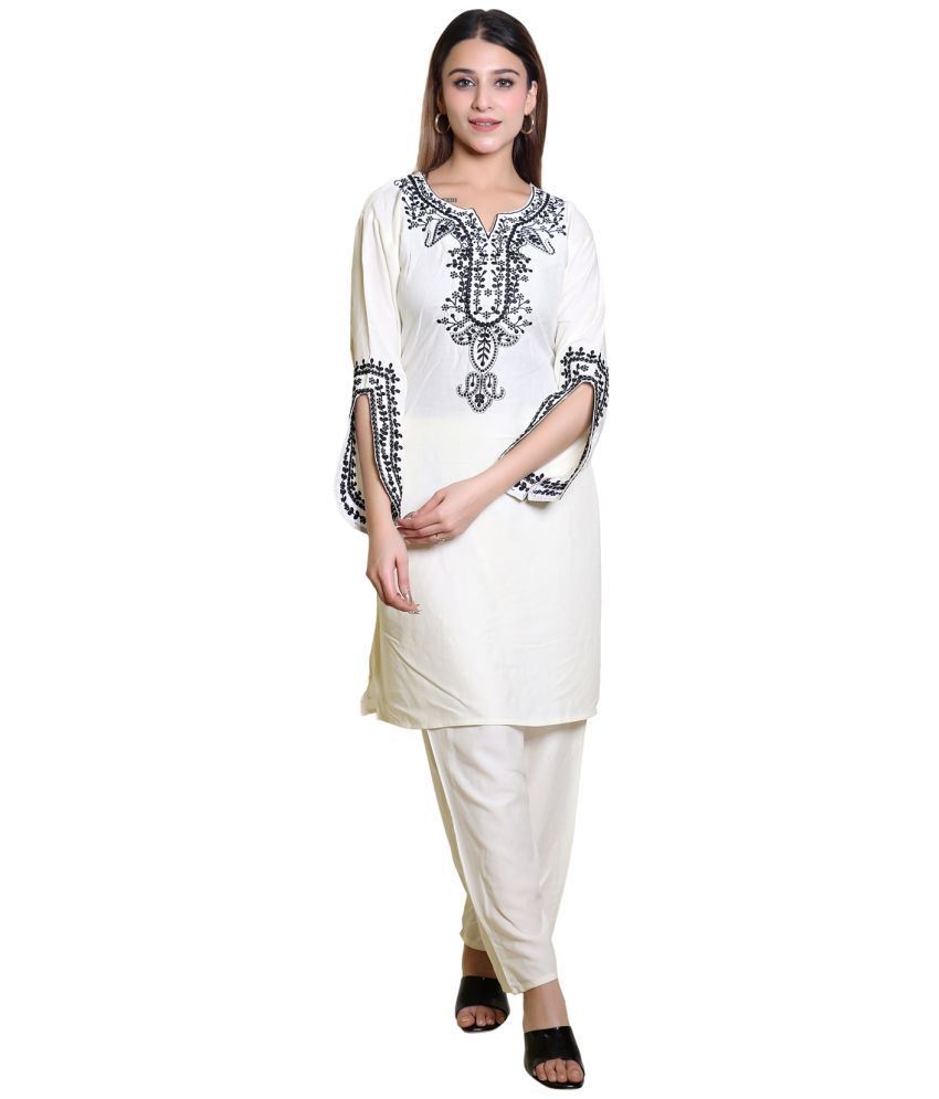     			HeteShe Cotton Embroidered Kurti With Pants Women's Stitched Salwar Suit - Off White ( Pack of 1 )