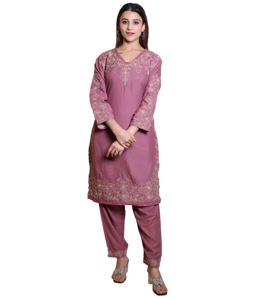     			HeteShe Cotton Embroidered Kurti With Pants Women's Stitched Salwar Suit - Lavender ( Pack of 1 )