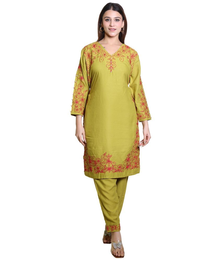     			HeteShe Cotton Embroidered Kurti With Pants Women's Stitched Salwar Suit - Fluorescent Green ( Pack of 1 )