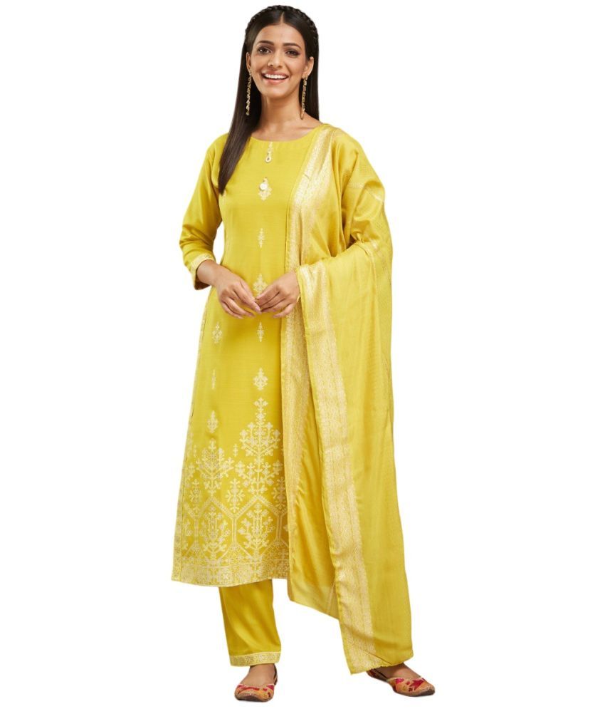     			KV Fashion Chanderi Embroidered Kurti With Pants Women's Stitched Salwar Suit - Yellow ( Pack of 1 )