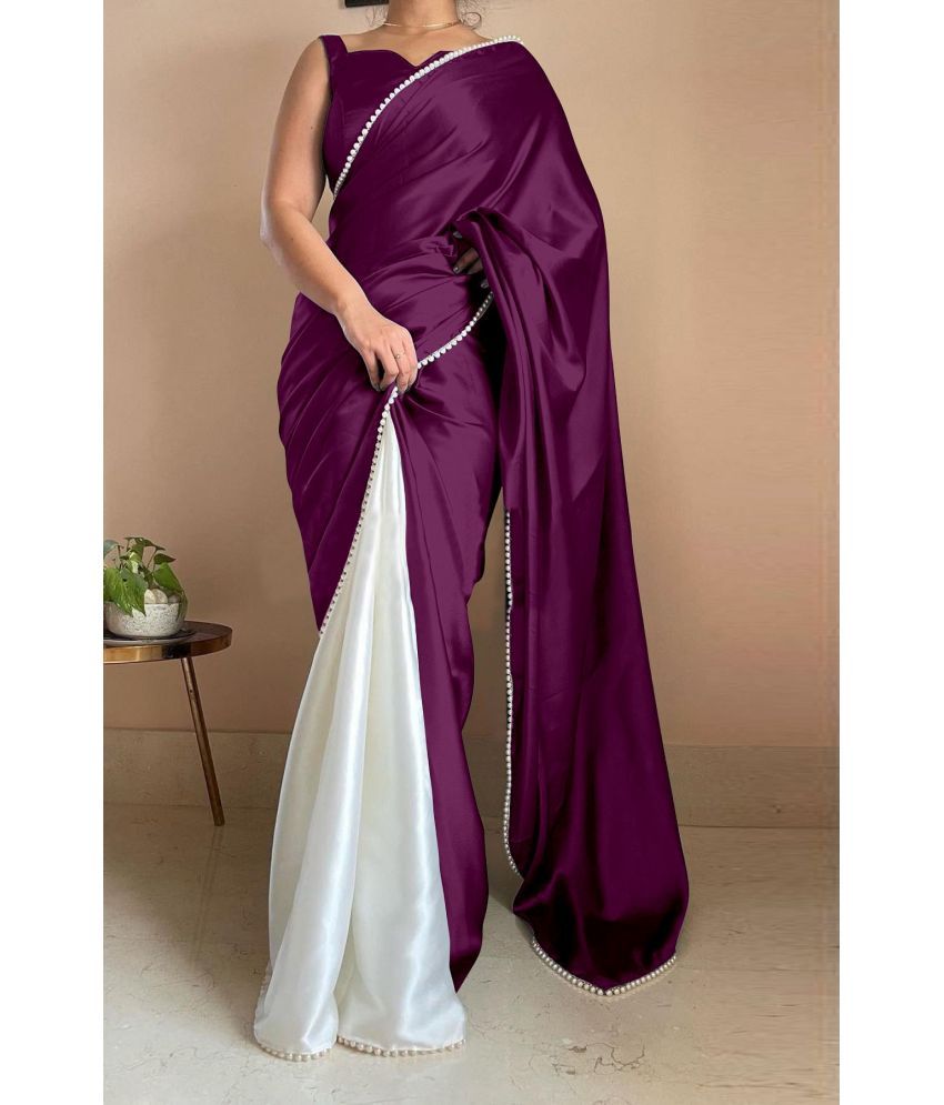     			KV Fashion Satin Colorblock Saree With Blouse Piece ( Purple , Pack of 1 )