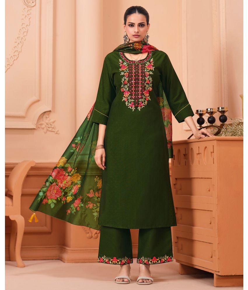     			MOJILAA Viscose Embroidered Kurti With Palazzo Women's Stitched Salwar Suit - Green ( Pack of 1 )