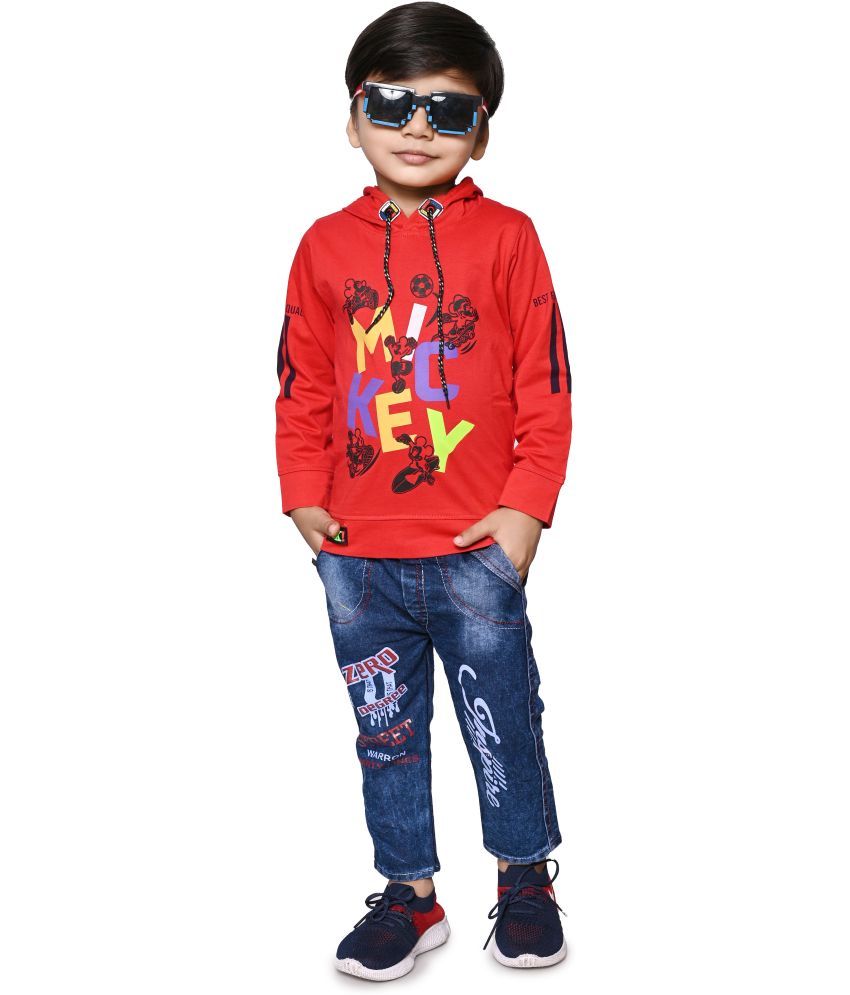     			DS DRESSES Pack of 1 Boys Cotton Blend T-Shirts & Jeans Set ( Red )