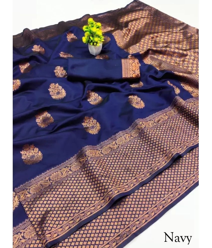     			Saadhvi Silk Woven Saree With Blouse Piece ( Navy Blue , Pack of 1 )