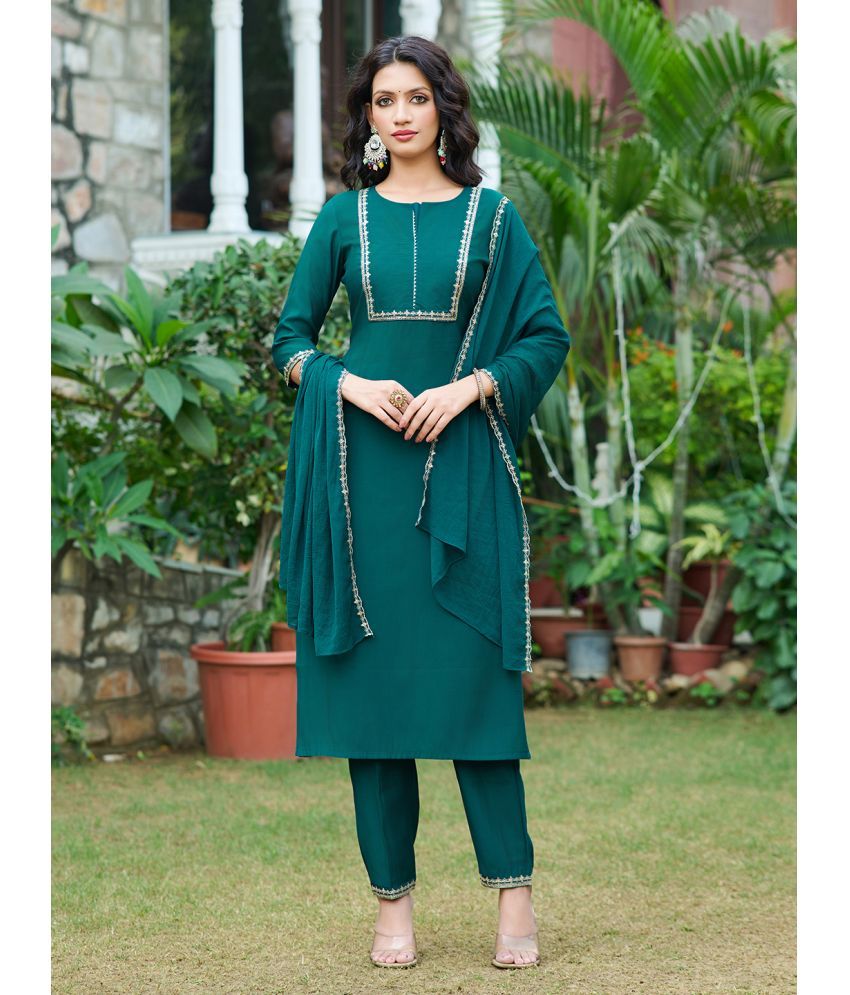     			VIBE VISION Silk Blend Embellished Kurti With Pants Women's Stitched Salwar Suit - Teal ( Pack of 1 )