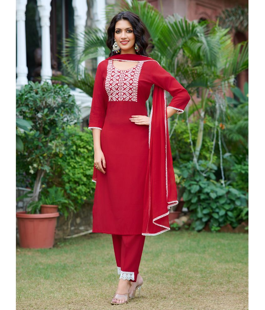     			VIBE VISION Silk Blend Embroidered Kurti With Pants Women's Stitched Salwar Suit - Red ( Pack of 1 )