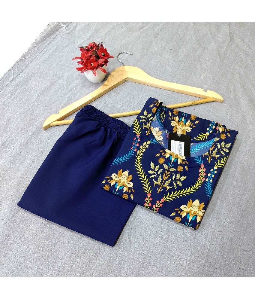     			1 Stop Fashion Crepe Printed Kurti With Pants Women's Stitched Salwar Suit - Blue ( Pack of 1 )