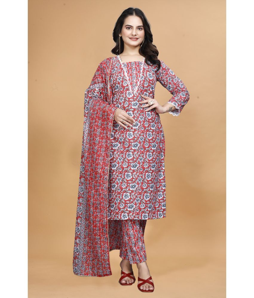     			SHRIMORI Cotton Printed Kurti With Pants Women's Stitched Salwar Suit - Red ( Pack of 1 )