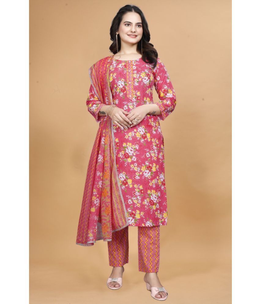     			Sanwariya Silks Cotton Printed Kurti With Pants Women's Stitched Salwar Suit - Pink ( Pack of 1 )