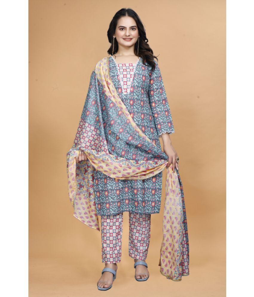     			Sanwariya Silks Cotton Printed Kurti With Pants Women's Stitched Salwar Suit - Light Grey ( Pack of 1 )