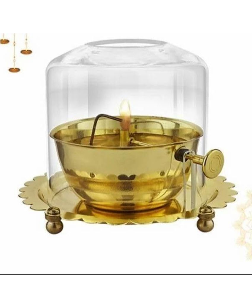     			T-KA108 Golden brass Akhand Diya oil lamp with lifting wick holder, glass cover, decor. ( 5.5 inches )