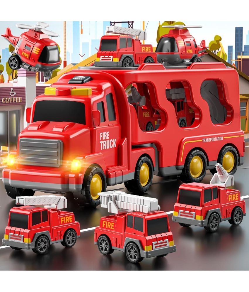     			Toybharat Fire Carrier Truck Set | Battery Operated Light & Sound Effect Truck Kids Toy