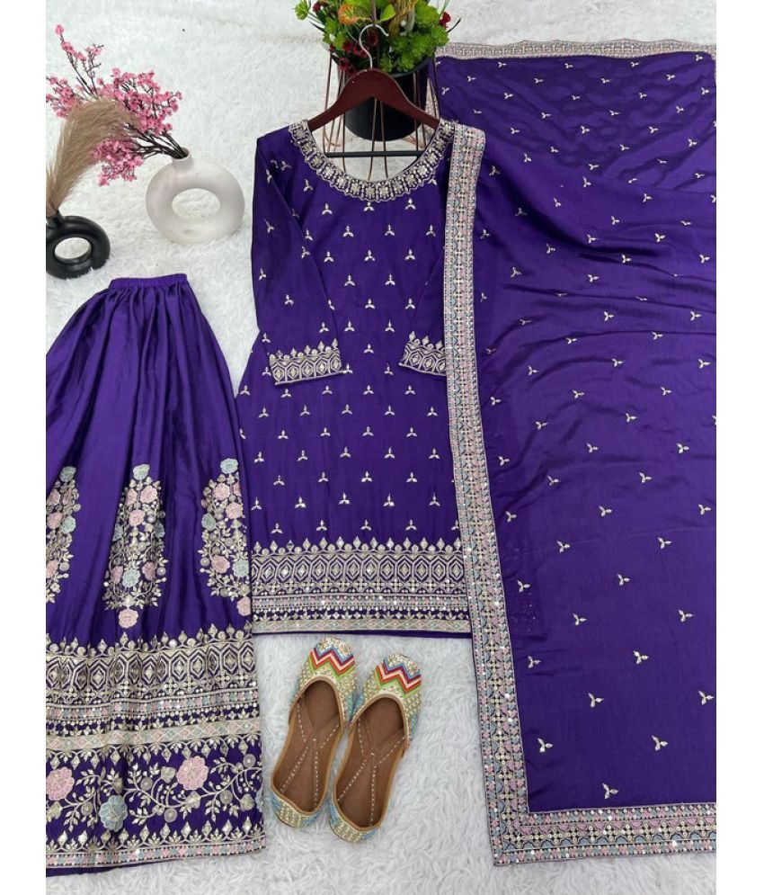     			VYOM EMPORIO Chiffon Embellished Kurti With Sharara And Gharara Women's Stitched Salwar Suit - Purple ( Pack of 1 )