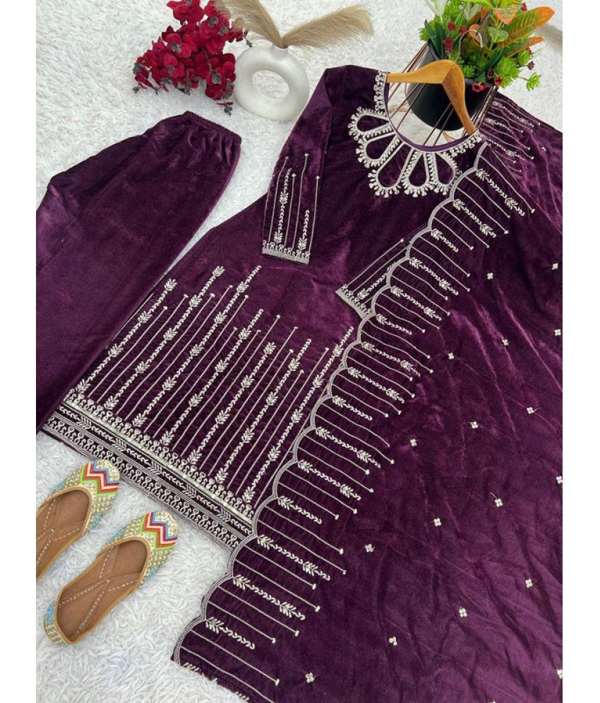     			VYOM EMPORIO Velvet Embroidered Kurti With Pants Women's Stitched Salwar Suit - Wine ( Pack of 1 )