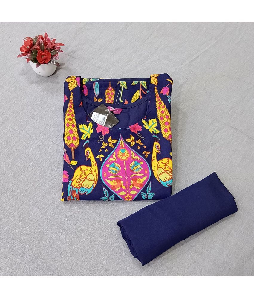     			Ethnicbasket Pack of 1 Crepe Printed Straight Women's Kurti - ( Navy )