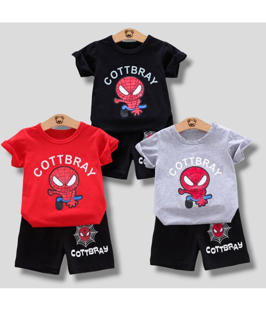     			COTTBRAY Pack of 3 Unisex Cotton T-Shirts & Shorts Set ( Black,Red,Grey Melange )