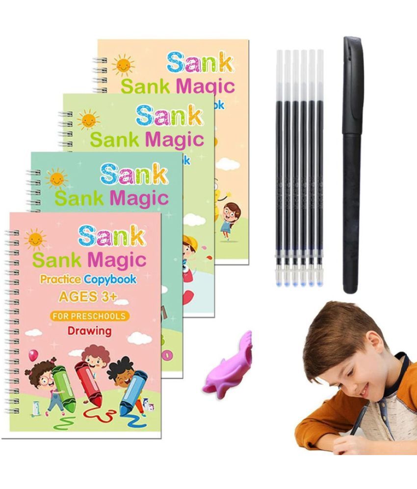     			Magic Book for Kids, Sank Magic Practice Copybook, (4 Book+10 Refill+1 Pen+1 Grip) Number Tracing Book for Pre-Schoolers with Pen, Magic Calligraphy Copybook Set Writing Tool for Kids