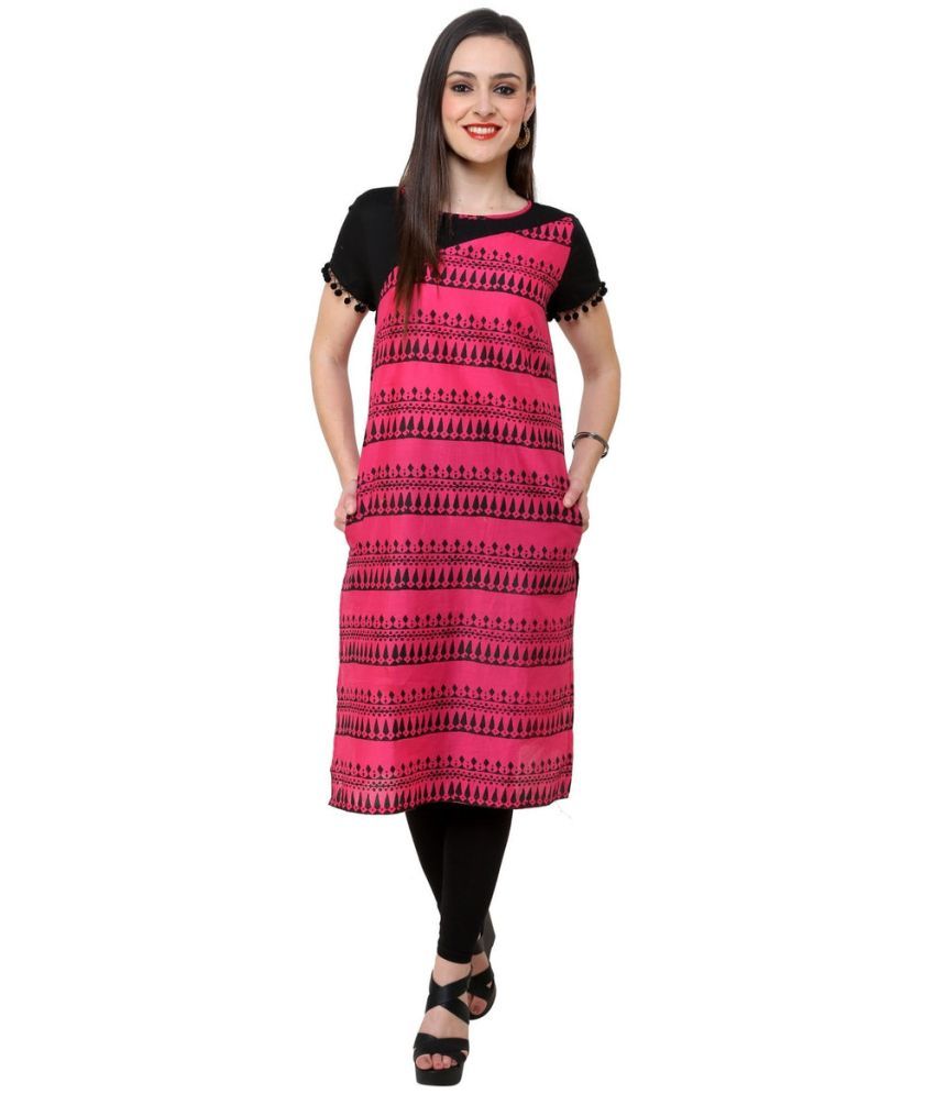     			Pannkh Pack of 1 Cotton Printed Asymmetrical Women's Kurti - ( Pink )