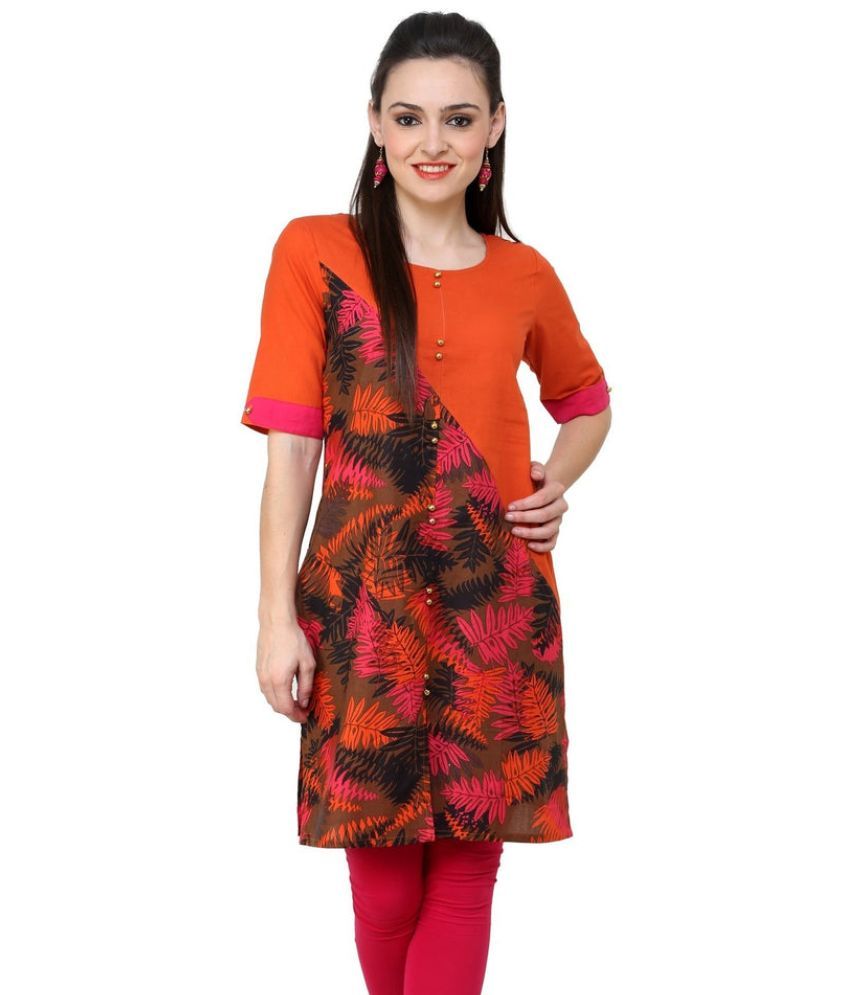     			Pannkh Pack of 1 Cotton Printed Asymmetrical Women's Kurti - ( Orange )