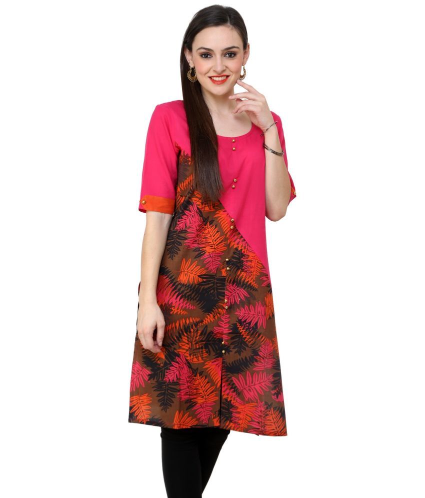     			Pannkh Pack of 1 Cotton Printed Asymmetrical Women's Kurti - ( Pink )