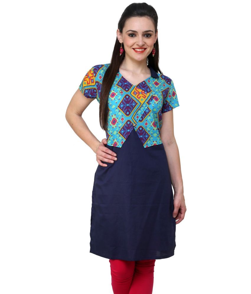     			Pannkh Pack of 1 Cotton Printed Asymmetrical Women's Kurti - ( Blue )