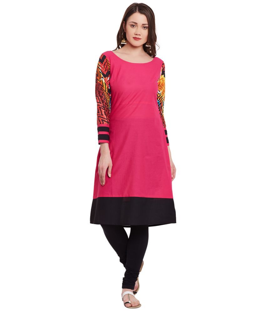     			Pannkh Pack of 1 Cotton Printed Asymmetrical Women's Kurti - ( Pink )