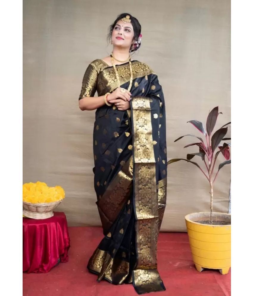     			Suntex Silk Woven Saree With Blouse Piece ( Black , Pack of 1 )