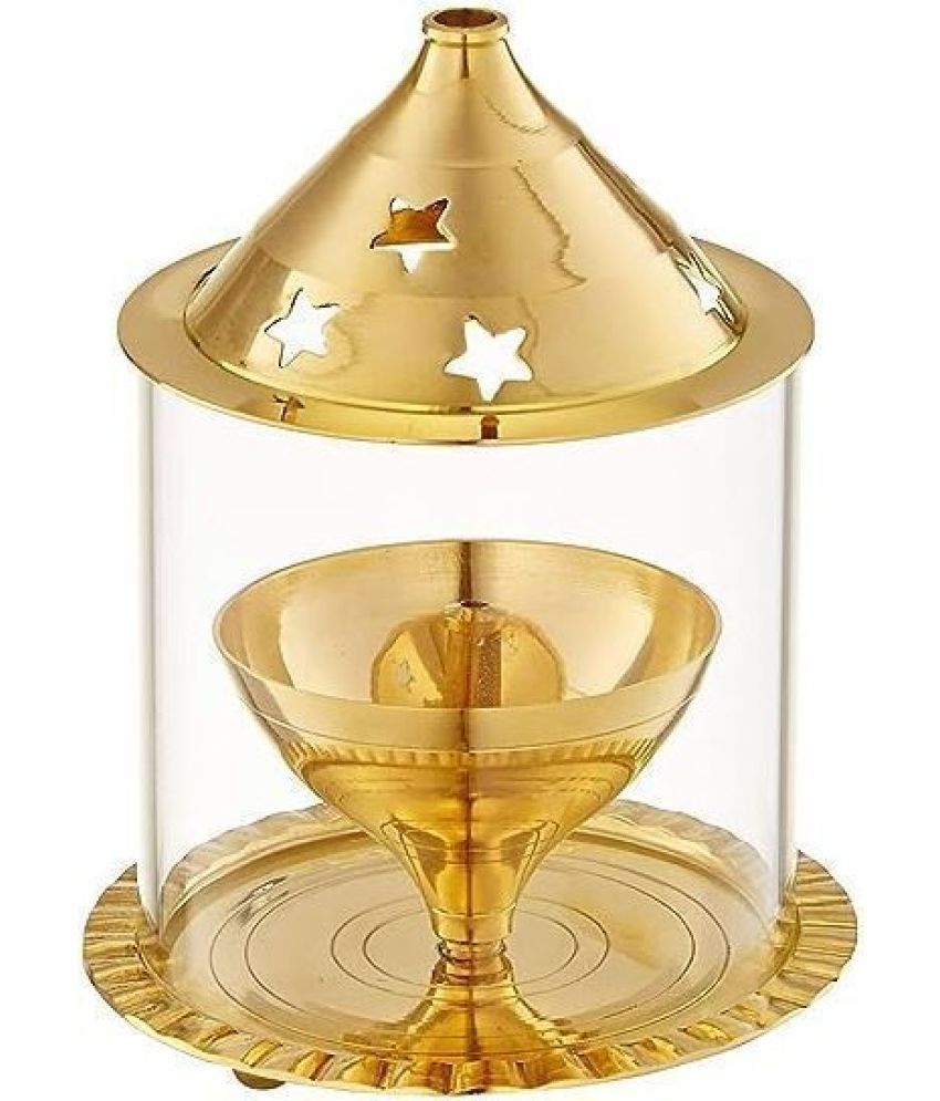     			T-KA108 Brass Akhand Diya with Borosilicate Glass Brass Table Diya Set ( 6.5 inches )