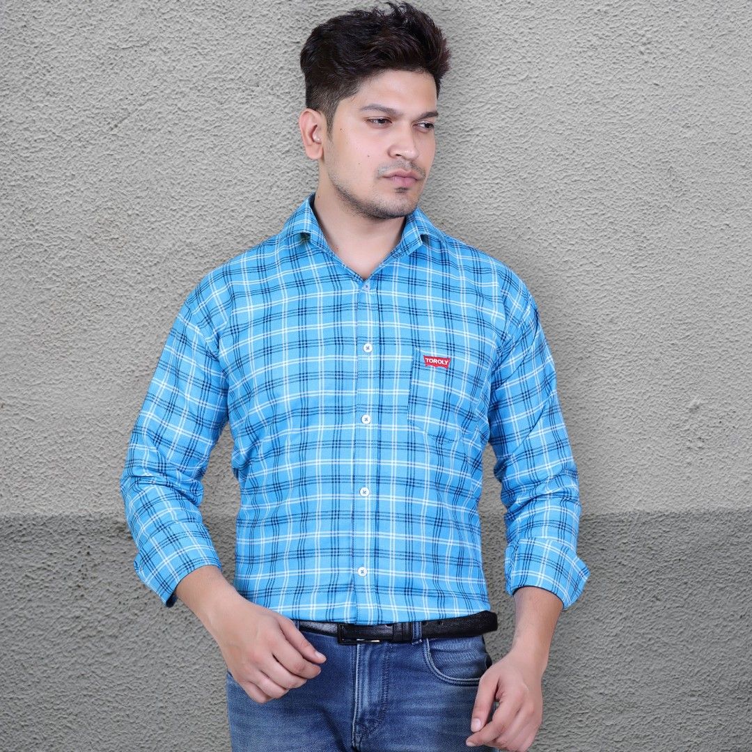     			TOROLY Cotton Blend Slim Fit Checks Full Sleeves Men's Casual Shirt - Light Blue ( Pack of 1 )