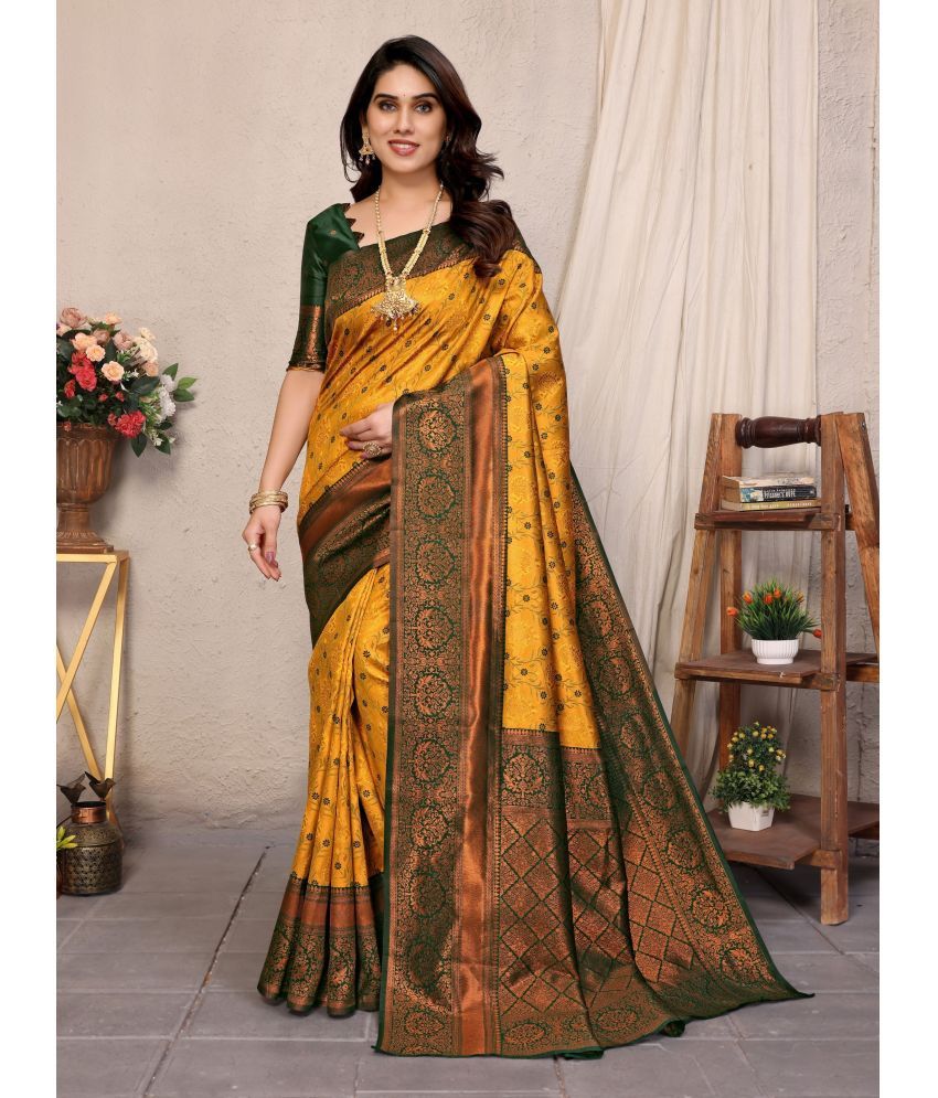     			Vastukala Art Silk Solid Saree With Blouse Piece ( Yellow , Pack of 1 )