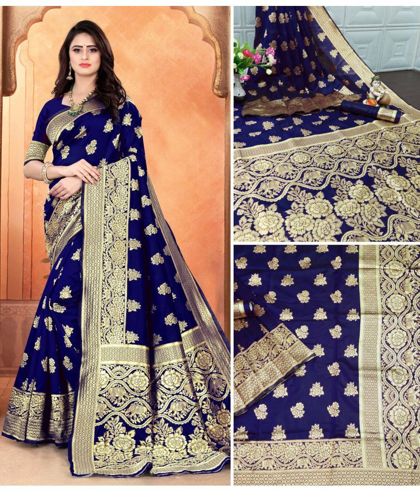     			Vastukala Art Silk Solid Saree With Blouse Piece ( Navy Blue , Pack of 1 )