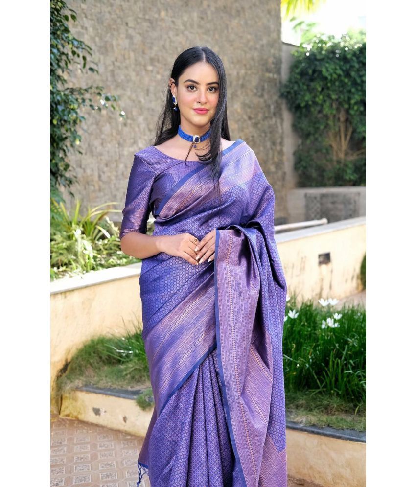     			Vastukala Silk Woven Saree With Blouse Piece ( Blue , Pack of 1 )