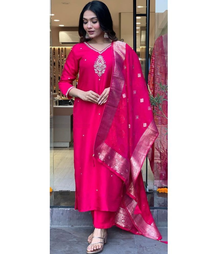     			OMICRON FAB Chanderi Embroidered Kurti With Pants Women's Stitched Salwar Suit - Pink ( Pack of 1 )