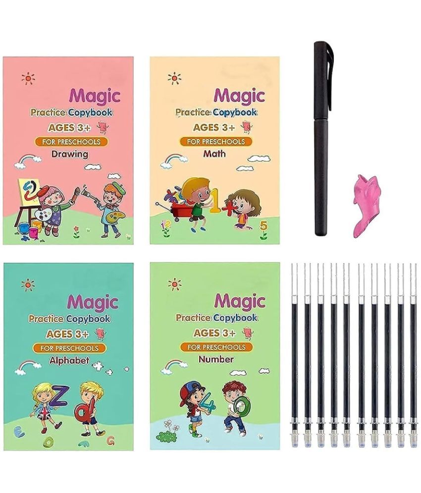     			AG TRADERS Magic Practice Copybook Set for Kids, 4 Books + 10 Refills + 1 Pen + 1 Grip, 19cm x 13cm, Number Tracing Book for Pre-Schoolers, Magic Calligraphy Copybook Writing Tool