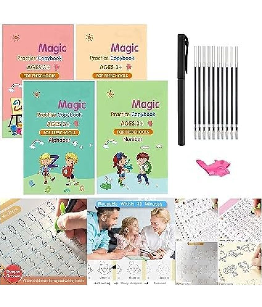     			AG TRADERS Magic Practice Copybook Set for Kids, 4 Books + 10 Refills + 1 Pen + 1 Grip, 19cm x 13cm, Number Tracing Book for Pre-Schoolers, Magic Calligraphy Copybook Writing Tool