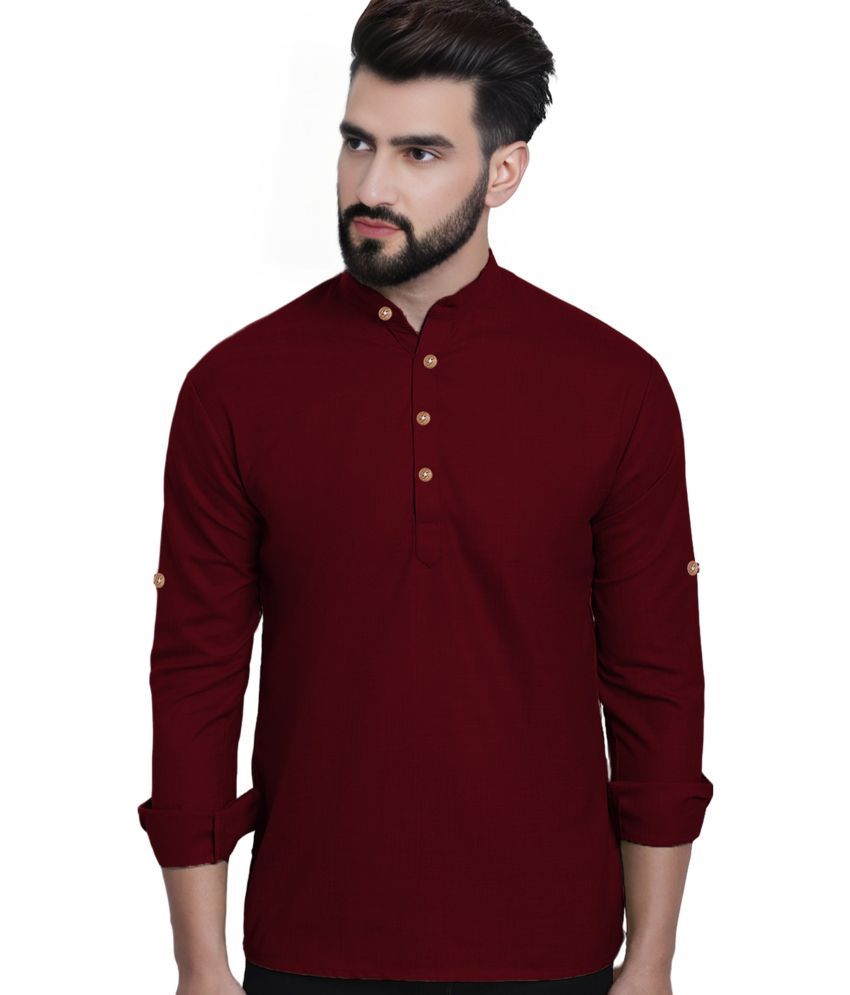     			BHUVIKOO Maroon Cotton Blend Men's Shirt Style Kurta ( Pack of 1 )