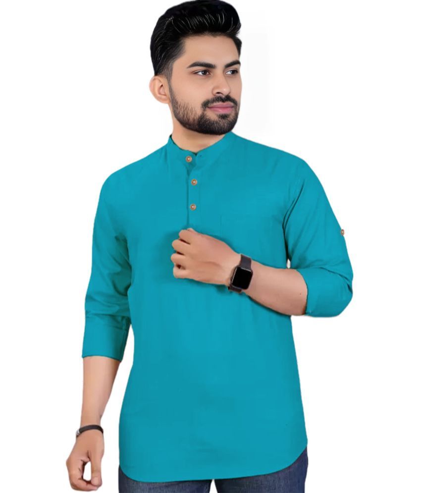     			BHUVIKOO Teal Cotton Blend Men's Shirt Style Kurta ( Pack of 1 )