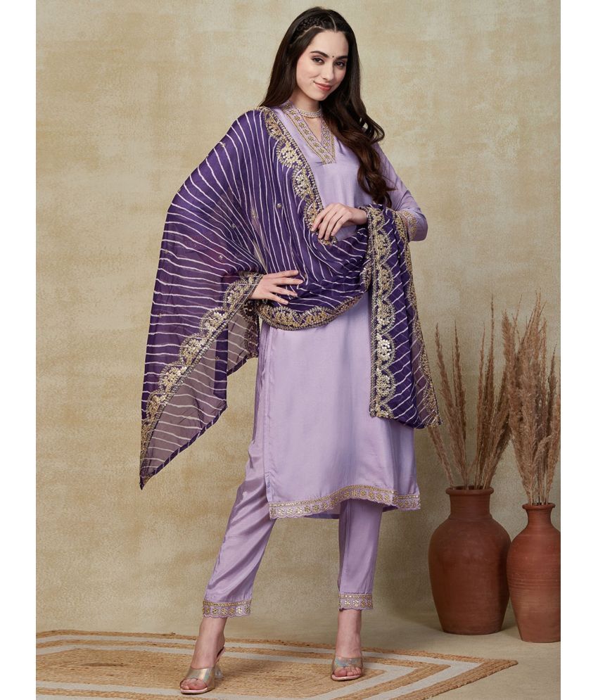     			Eeloo Viscose Embroidered Kurti With Pants Women's Stitched Salwar Suit - Purple ( Pack of 1 )