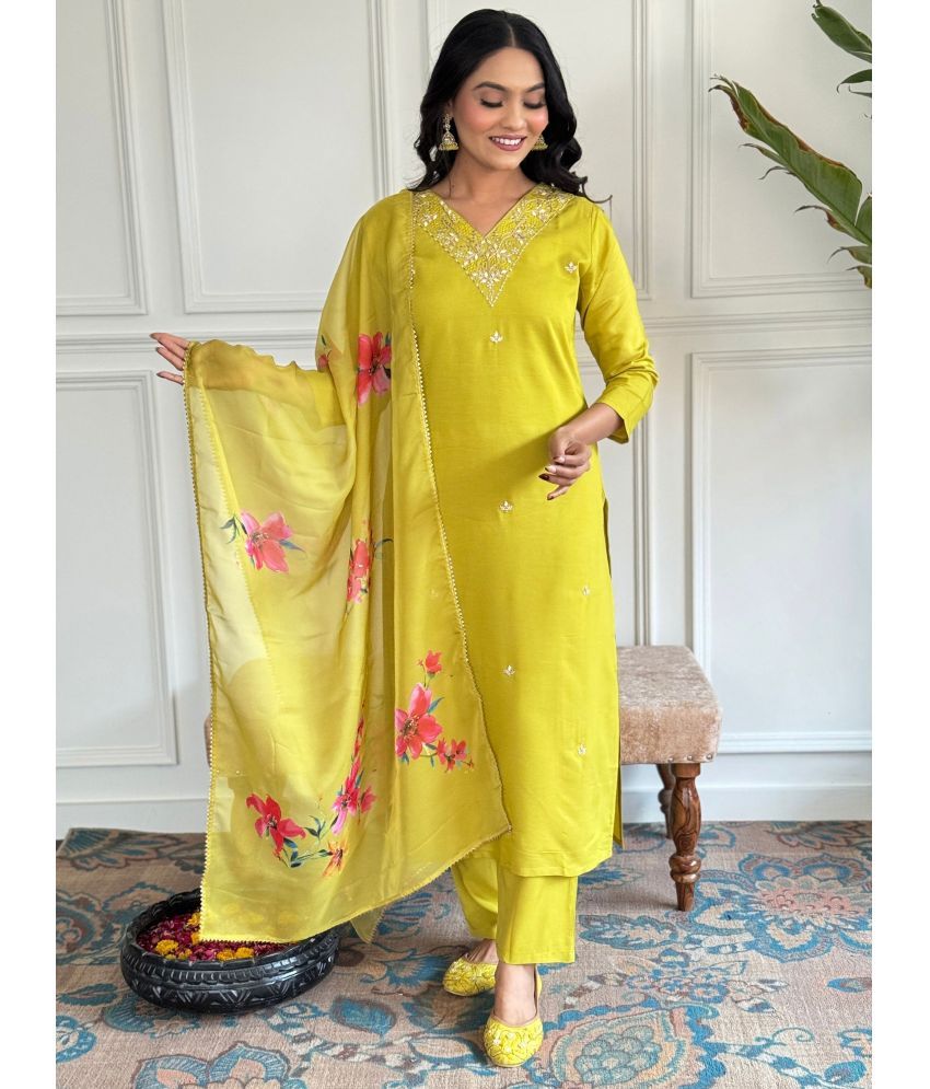     			Niza Fashion Rayon Embroidered Kurti With Pants Women's Stitched Salwar Suit - Yellow ( Pack of 1 )