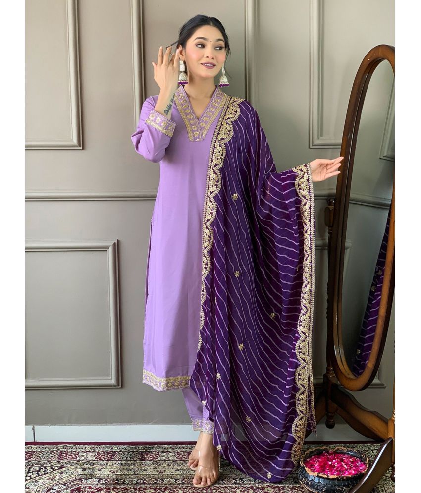     			Niza Fashion Viscose Embroidered Kurti With Pants Women's Stitched Salwar Suit - Purple ( Pack of 1 )