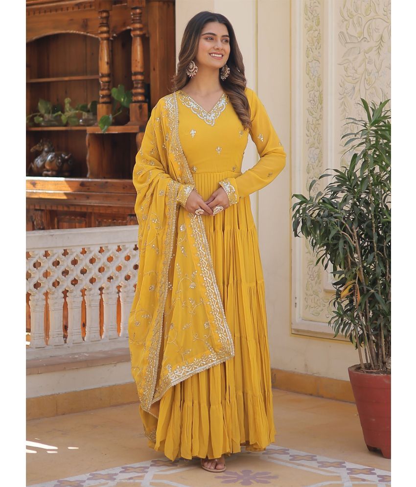     			Trijal Fab Yellow Anarkali Georgette Women's Stitched Ethnic Gown ( Pack of 1 )