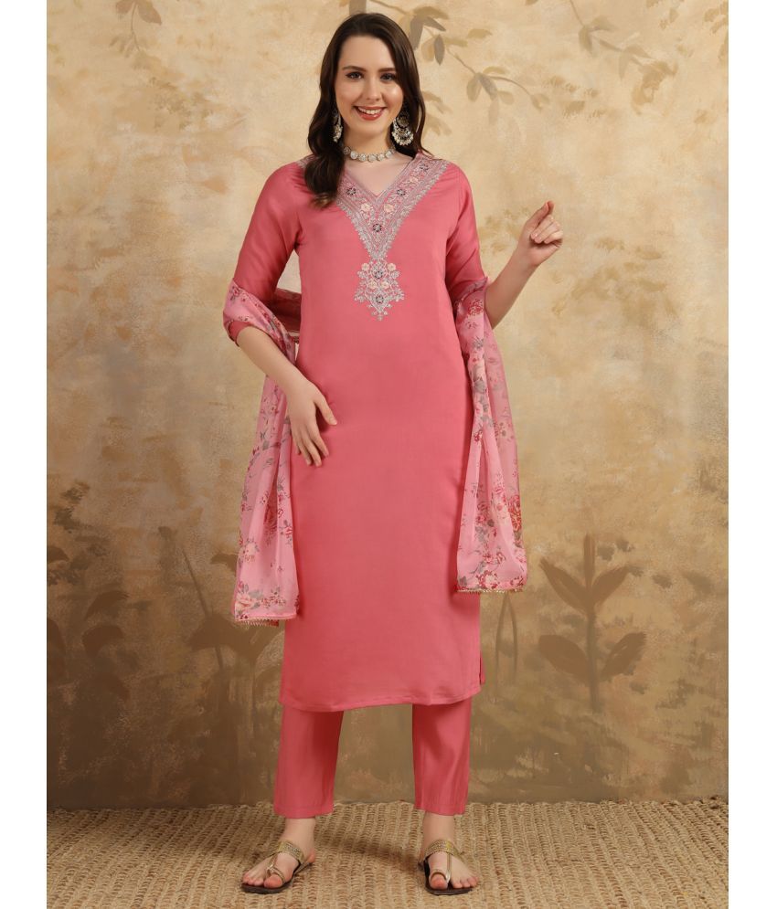     			Vividvibe Chanderi Embroidered Kurti With Pants Women's Stitched Salwar Suit - Pink ( Pack of 1 )