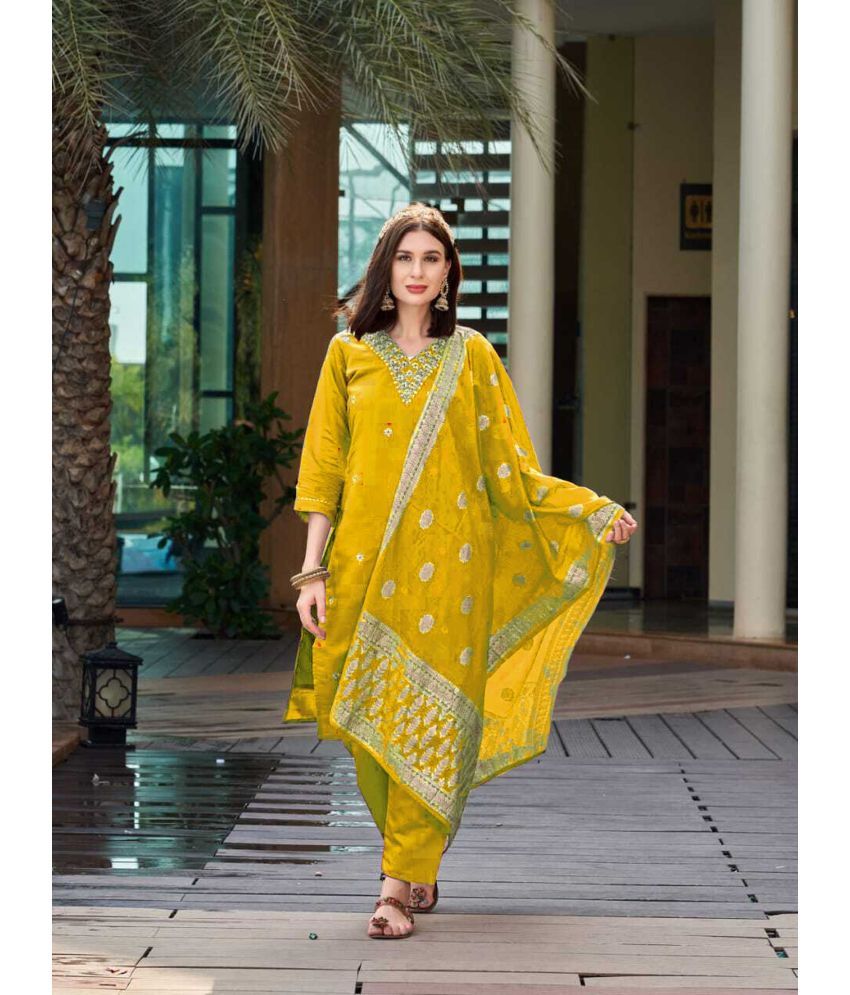     			GOPI SAREE Cotton Silk Embroidered Kurti With Pants Women's Stitched Salwar Suit - Yellow ( Pack of 1 )