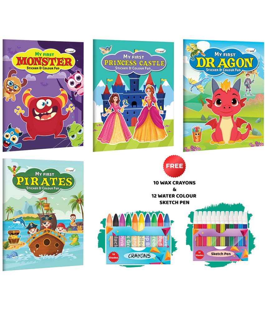     			My First Monster, Princess Castle, Dragon and Pirates Sticker and Colour Fun with 10 Wax Crayons and 12 Water colour Sketch Pens : Children colouring book, Colouring book with stickers, Educational fun Coloring Book | Combo of 4 Colouring Books