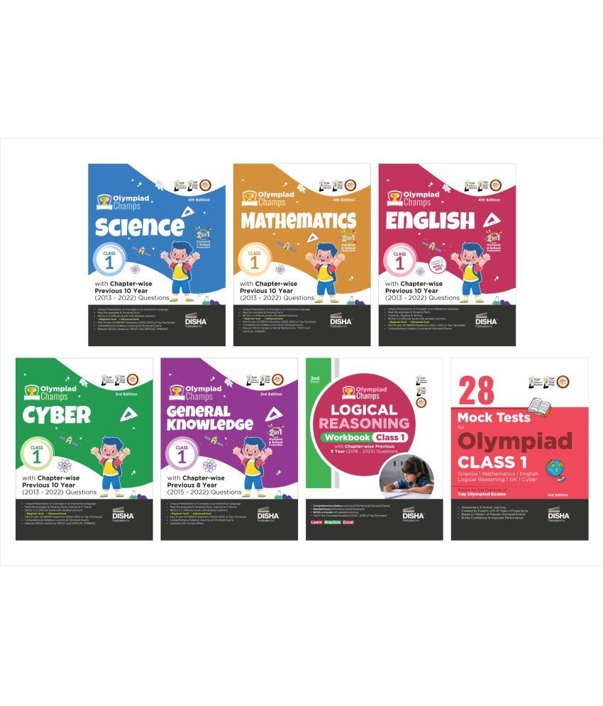     			Class 1 Olympiad Champs Combo (set of 7 books) Science, Mathematics, English, Logical Reasoning, Cyber & GK with 28 Mock Tests 3rd Edition | Chapter-wise Previous 10 Year (2013 - 2022) Questions